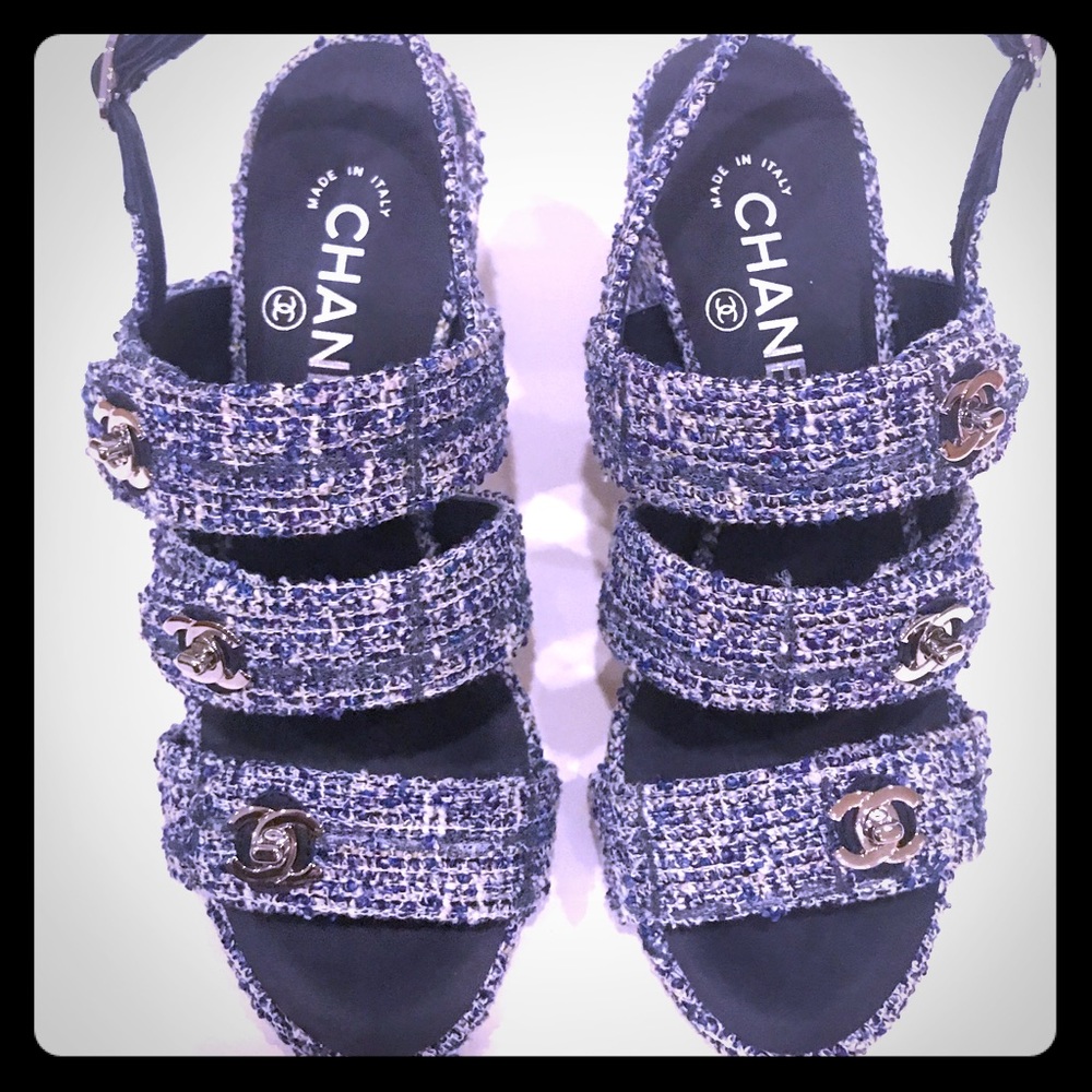 Chanel Navy & White tweed chunky heel sandals